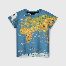 Детская футболка 3D с принтом Карта мира в Курске, 100% гипоаллергенный полиэфир | прямой крой, круглый вырез горловины, длина до линии бедер, чуть спущенное плечо, ткань немного тянется | Тематика изображения на принте: азия | акулы | америка | антарктида | бизон | волк | европа | животные | зебра | кабан | карта | киты | лама | лев | лось | материки | медведь | мира | моржи | моря | океаны | пингвины | птицы | реки | рыбы