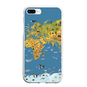 Чехол для iPhone 7Plus/8 Plus матовый с принтом Карта мира в Курске, Силикон | Область печати: задняя сторона чехла, без боковых панелей | Тематика изображения на принте: азия | акулы | америка | антарктида | бизон | волк | европа | животные | зебра | кабан | карта | киты | лама | лев | лось | материки | медведь | мира | моржи | моря | океаны | пингвины | птицы | реки | рыбы