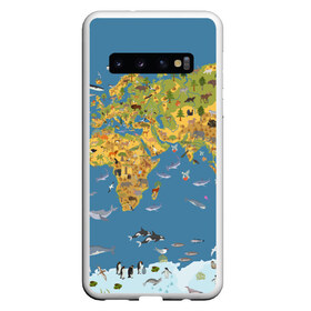 Чехол для Samsung Galaxy S10 с принтом Карта мира в Курске, Силикон | Область печати: задняя сторона чехла, без боковых панелей | Тематика изображения на принте: азия | акулы | америка | антарктида | бизон | волк | европа | животные | зебра | кабан | карта | киты | лама | лев | лось | материки | медведь | мира | моржи | моря | океаны | пингвины | птицы | реки | рыбы