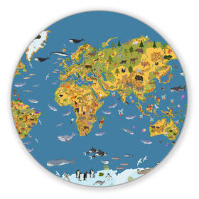 Коврик для мышки круглый с принтом Карта мира в Курске, резина и полиэстер | круглая форма, изображение наносится на всю лицевую часть | Тематика изображения на принте: азия | акулы | америка | антарктида | бизон | волк | европа | животные | зебра | кабан | карта | киты | лама | лев | лось | материки | медведь | мира | моржи | моря | океаны | пингвины | птицы | реки | рыбы