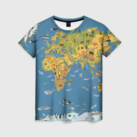 Женская футболка 3D с принтом Карта мира в Курске, 100% полиэфир ( синтетическое хлопкоподобное полотно) | прямой крой, круглый вырез горловины, длина до линии бедер | азия | акулы | америка | антарктида | бизон | волк | европа | животные | зебра | кабан | карта | киты | лама | лев | лось | материки | медведь | мира | моржи | моря | океаны | пингвины | птицы | реки | рыбы