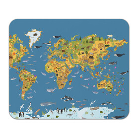 Коврик для мышки прямоугольный с принтом Карта мира в Курске, натуральный каучук | размер 230 х 185 мм; запечатка лицевой стороны | азия | акулы | америка | антарктида | бизон | волк | европа | животные | зебра | кабан | карта | киты | лама | лев | лось | материки | медведь | мира | моржи | моря | океаны | пингвины | птицы | реки | рыбы