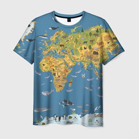 Мужская футболка 3D с принтом Карта мира в Курске, 100% полиэфир | прямой крой, круглый вырез горловины, длина до линии бедер | азия | акулы | америка | антарктида | бизон | волк | европа | животные | зебра | кабан | карта | киты | лама | лев | лось | материки | медведь | мира | моржи | моря | океаны | пингвины | птицы | реки | рыбы