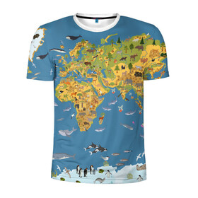 Мужская футболка 3D спортивная с принтом Карта мира в Курске, 100% полиэстер с улучшенными характеристиками | приталенный силуэт, круглая горловина, широкие плечи, сужается к линии бедра | азия | акулы | америка | антарктида | бизон | волк | европа | животные | зебра | кабан | карта | киты | лама | лев | лось | материки | медведь | мира | моржи | моря | океаны | пингвины | птицы | реки | рыбы