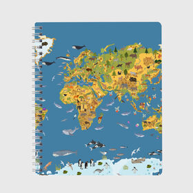 Тетрадь с принтом Карта мира в Курске, 100% бумага | 48 листов, плотность листов — 60 г/м2, плотность картонной обложки — 250 г/м2. Листы скреплены сбоку удобной пружинной спиралью. Уголки страниц и обложки скругленные. Цвет линий — светло-серый
 | Тематика изображения на принте: азия | акулы | америка | антарктида | бизон | волк | европа | животные | зебра | кабан | карта | киты | лама | лев | лось | материки | медведь | мира | моржи | моря | океаны | пингвины | птицы | реки | рыбы