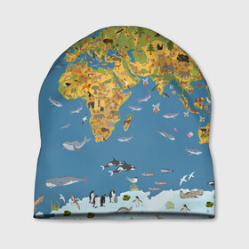 Шапка 3D с принтом Карта мира в Курске, 100% полиэстер | универсальный размер, печать по всей поверхности изделия | Тематика изображения на принте: азия | акулы | америка | антарктида | бизон | волк | европа | животные | зебра | кабан | карта | киты | лама | лев | лось | материки | медведь | мира | моржи | моря | океаны | пингвины | птицы | реки | рыбы