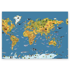 Поздравительная открытка с принтом Карта мира в Курске, 100% бумага | плотность бумаги 280 г/м2, матовая, на обратной стороне линовка и место для марки
 | Тематика изображения на принте: азия | акулы | америка | антарктида | бизон | волк | европа | животные | зебра | кабан | карта | киты | лама | лев | лось | материки | медведь | мира | моржи | моря | океаны | пингвины | птицы | реки | рыбы