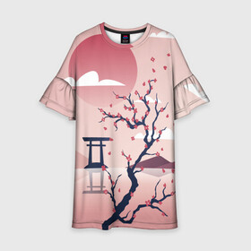 Детское платье 3D с принтом Японский мотив в Курске, 100% полиэстер | прямой силуэт, чуть расширенный к низу. Круглая горловина, на рукавах — воланы | Тематика изображения на принте: 23 | 8 | азия | вип | вишня | горы | дерево | дизайн | мода | небо | новинка | новый год | подарок | сакура | солнце | стритвир | топ | тренд | цветок | япония