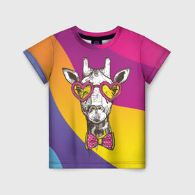 Детская футболка 3D с принтом Праздничный жираф в Курске, 100% гипоаллергенный полиэфир | прямой крой, круглый вырез горловины, длина до линии бедер, чуть спущенное плечо, ткань немного тянется | бабочка | животное | жираф | модный | очки | праздничный | рожки | сердечки | хипстер | шея