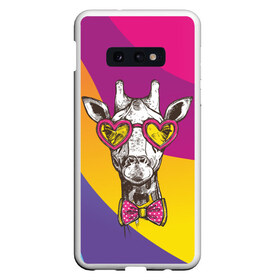 Чехол для Samsung S10E с принтом Праздничный жираф в Курске, Силикон | Область печати: задняя сторона чехла, без боковых панелей | бабочка | животное | жираф | модный | очки | праздничный | рожки | сердечки | хипстер | шея