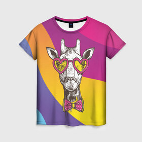 Женская футболка 3D с принтом Праздничный жираф в Курске, 100% полиэфир ( синтетическое хлопкоподобное полотно) | прямой крой, круглый вырез горловины, длина до линии бедер | бабочка | животное | жираф | модный | очки | праздничный | рожки | сердечки | хипстер | шея