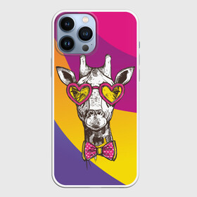 Чехол для iPhone 13 Pro Max с принтом Праздничный жираф в Курске,  |  | Тематика изображения на принте: бабочка | животное | жираф | модный | очки | праздничный | рожки | сердечки | хипстер | шея
