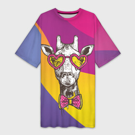Платье-футболка 3D с принтом Праздничный жираф в Курске,  |  | бабочка | животное | жираф | модный | очки | праздничный | рожки | сердечки | хипстер | шея