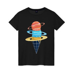 Женская футболка хлопок с принтом Space Ice Cream в Курске, 100% хлопок | прямой крой, круглый вырез горловины, длина до линии бедер, слегка спущенное плечо | earth | express | futurama | galaxy | ice cream | moon | nasa | planet | space | star | world | астронавт | вселенная | гагарин | галактика | еда | звезда | звезды | земля | космонавт | космос | луна | мир | мороженое | н | наса | небо | планета