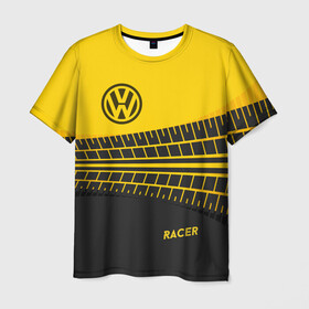 Мужская футболка 3D с принтом Volkswagen в Курске, 100% полиэфир | прямой крой, круглый вырез горловины, длина до линии бедер | racer | авто | автолюбитель. volkswagen | гонщик | желто черная | колесо | машина | след | фольксваген | шина