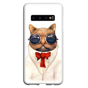 Чехол для Samsung Galaxy S10 с принтом Кот в Курске, Силикон | Область печати: задняя сторона чехла, без боковых панелей | бабочка | в очках | киса | киска | костюм | котейка | котенок | котэ | котя | кошка | крутой | модный | стиль | ученый