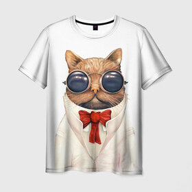 Мужская футболка 3D с принтом Кот в Курске, 100% полиэфир | прямой крой, круглый вырез горловины, длина до линии бедер | Тематика изображения на принте: бабочка | в очках | киса | киска | костюм | котейка | котенок | котэ | котя | кошка | крутой | модный | стиль | ученый