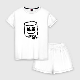Женская пижама с шортиками хлопок с принтом Keep It Mello в Курске, 100% хлопок | футболка прямого кроя, шорты свободные с широкой мягкой резинкой | Тематика изображения на принте: marshmallow | marshmello | диджей | маршмэллоу | музыка