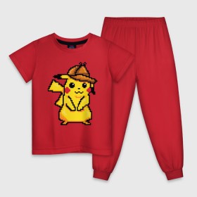 Детская пижама хлопок с принтом Пиксельный Детектив Пикачу в Курске, 100% хлопок |  брюки и футболка прямого кроя, без карманов, на брюках мягкая резинка на поясе и по низу штанин
 | 