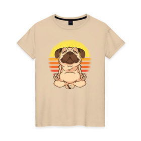 Женская футболка хлопок с принтом Мопс Йога в Курске, 100% хлопок | прямой крой, круглый вырез горловины, длина до линии бедер, слегка спущенное плечо | dog | pug | yoga | йога | медитация | мопс | мопсы | собака | собаки | фитнес
