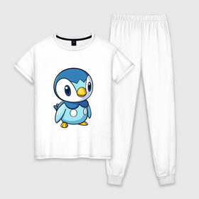 Женская пижама хлопок с принтом Piplup в Курске, 100% хлопок | брюки и футболка прямого кроя, без карманов, на брюках мягкая резинка на поясе и по низу штанин | piplup | пингвин | пингвиненок | пиплуп | покемон | покемоны | синий