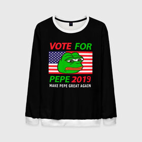 Мужской свитшот 3D с принтом Vote for pepe в Курске, 100% полиэстер с мягким внутренним слоем | круглый вырез горловины, мягкая резинка на манжетах и поясе, свободная посадка по фигуре | Тематика изображения на принте: bad | dab | frog | good | kek | make pepe great again | pepe | sad | sad frog | vote for pepe | кек | лягушка | мем | мемы | пепе | со смыслом | фрог