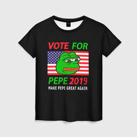 Женская футболка 3D с принтом Vote for pepe в Курске, 100% полиэфир ( синтетическое хлопкоподобное полотно) | прямой крой, круглый вырез горловины, длина до линии бедер | bad | dab | frog | good | kek | make pepe great again | pepe | sad | sad frog | vote for pepe | кек | лягушка | мем | мемы | пепе | со смыслом | фрог