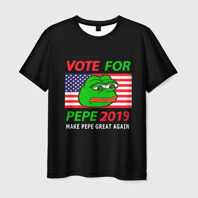 Мужская футболка 3D с принтом Vote for pepe в Курске, 100% полиэфир | прямой крой, круглый вырез горловины, длина до линии бедер | bad | dab | frog | good | kek | make pepe great again | pepe | sad | sad frog | vote for pepe | кек | лягушка | мем | мемы | пепе | со смыслом | фрог