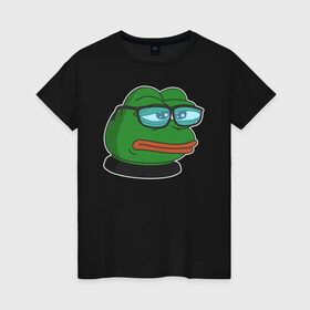 Женская футболка хлопок с принтом Pepe в Курске, 100% хлопок | прямой крой, круглый вырез горловины, длина до линии бедер, слегка спущенное плечо | bad | dab | frog | good | kek | make pepe great again | pepe | sad | sad frog | vote for pepe | кек | лягушка | мем | мемы | пепе | со смыслом | фрог