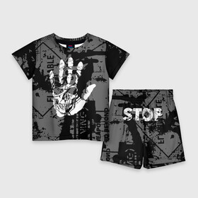 Детский костюм с шортами 3D с принтом Stop Covid 19 в Курске,  |  | Тематика изображения на принте: black | caution | gray | halloween | hand | skeleton | skull | stop | white | белый | предупреждение | рука | серый | скелет | хэллоуин | череп | черный
