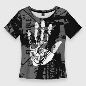 Женская футболка 3D Slim с принтом Stop Covid 19 в Курске,  |  | black | caution | gray | halloween | hand | skeleton | skull | stop | white | белый | предупреждение | рука | серый | скелет | хэллоуин | череп | черный