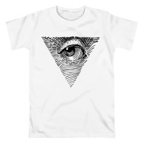 Мужская футболка хлопок с принтом eye в Курске, 100% хлопок | прямой крой, круглый вырез горловины, длина до линии бедер, слегка спущенное плечо. | black | eye | minimalism | money | philosophy | pyramid | raster | supreme | usa | white | белый | глаз | деньги | доллар | минимализм | пирамида | растр | сша | философия | черный