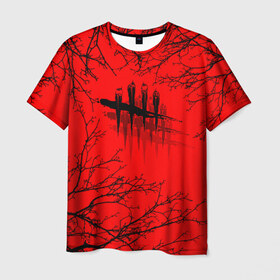 Мужская футболка 3D с принтом Dead by Daylight в Курске, 100% полиэфир | прямой крой, круглый вырез горловины, длина до линии бедер | dead by daylight | ветки | деад бай деад лайт | деревья | жуть | игра | компьютерная игра | красный | красный и черный | кровь | ужасы | черный