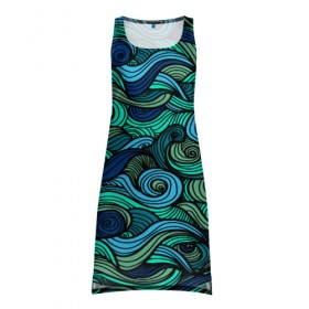 Платье-майка 3D с принтом Морская пучина в Курске, 100% полиэстер | полуприлегающий силуэт, широкие бретели, круглый вырез горловины, удлиненный подол сзади. | Тематика изображения на принте: абстракция | волны | зеленый | круг | линии | море | полосы | синий