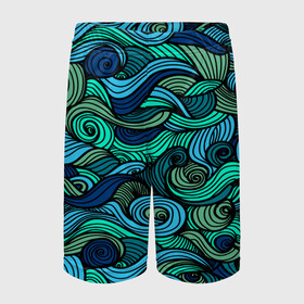 Детские спортивные шорты 3D с принтом Морская пучина в Курске,  100% полиэстер
 | пояс оформлен широкой мягкой резинкой, ткань тянется
 | Тематика изображения на принте: абстракция | волны | зеленый | круг | линии | море | полосы | синий