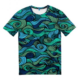 Мужская футболка 3D с принтом Морская пучина в Курске, 100% полиэфир | прямой крой, круглый вырез горловины, длина до линии бедер | Тематика изображения на принте: абстракция | волны | зеленый | круг | линии | море | полосы | синий