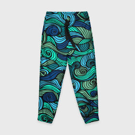 Детские брюки 3D с принтом Морская пучина в Курске, 100% полиэстер | манжеты по низу, эластичный пояс регулируется шнурком, по бокам два кармана без застежек, внутренняя часть кармана из мелкой сетки | абстракция | волны | зеленый | круг | линии | море | полосы | синий