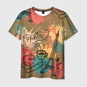 Мужская футболка 3D с принтом Париж в Курске, 100% полиэфир | прямой крой, круглый вырез горловины, длина до линии бедер | love | башня | булочка | кофе | круассан | любовь | отпуск | париж | путешествия | франция | хлеб | эйфелева