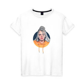 Женская футболка хлопок с принтом Billie Eilish в Курске, 100% хлопок | прямой крой, круглый вырез горловины, длина до линии бедер, слегка спущенное плечо | Тематика изображения на принте: music | pop | айлиш | билли | музыка