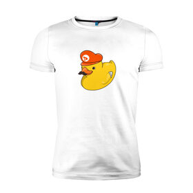 Мужская футболка премиум с принтом DUCKrio в Курске, 92% хлопок, 8% лайкра | приталенный силуэт, круглый вырез ворота, длина до линии бедра, короткий рукав | duck | duckpack | game | gamer | желтый | игра | марио | милый | усы | утенок | утка
