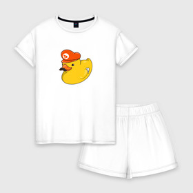 Женская пижама с шортиками хлопок с принтом DUCKrio в Курске, 100% хлопок | футболка прямого кроя, шорты свободные с широкой мягкой резинкой | duck | duckpack | game | gamer | желтый | игра | марио | милый | усы | утенок | утка