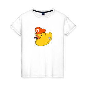 Женская футболка хлопок с принтом DUCKrio в Курске, 100% хлопок | прямой крой, круглый вырез горловины, длина до линии бедер, слегка спущенное плечо | duck | duckpack | game | gamer | желтый | игра | марио | милый | усы | утенок | утка