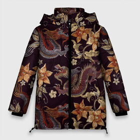 Женская зимняя куртка 3D с принтом Японские драконы в Курске, верх — 100% полиэстер; подкладка — 100% полиэстер; утеплитель — 100% полиэстер | длина ниже бедра, силуэт Оверсайз. Есть воротник-стойка, отстегивающийся капюшон и ветрозащитная планка. 

Боковые карманы с листочкой на кнопках и внутренний карман на молнии | big | арт | крупные арты | крупные принты | сумаcшедшие арты