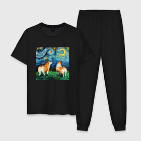 Мужская пижама хлопок с принтом Корги Ван Гога в Курске, 100% хлопок | брюки и футболка прямого кроя, без карманов, на брюках мягкая резинка на поясе и по низу штанин
 | вангог | винсент | галерея | живопись | звездная ночь | искусство | картина | краски | лувр | мазки | масло | пес | собака | холст | щенок | эрмитаж