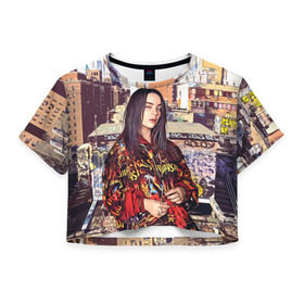 Женская футболка 3D укороченная с принтом Billie Eilish в Курске, 100% полиэстер | круглая горловина, длина футболки до линии талии, рукава с отворотами | билли айлиш | певица
