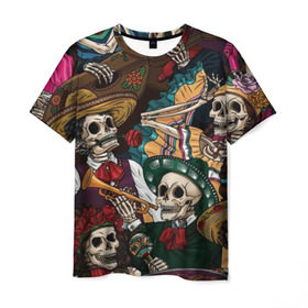 Мужская футболка 3D с принтом Мексиканская Вечеринка в Курске, 100% полиэфир | прямой крой, круглый вырез горловины, длина до линии бедер | Тематика изображения на принте: party | амиго | маракасы | мексика | мехико | скелет | сомбреро | текила | черепа