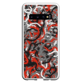 Чехол для Samsung Galaxy S10 с принтом Сколопендры в Курске, Силикон | Область печати: задняя сторона чехла, без боковых панелей | Тематика изображения на принте: камуфляж | красный | лапки | милитари | многоножка | насекомые | орнжевый | паттрен | серый | сороконожка | узор