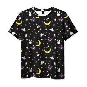 Мужская футболка 3D с принтом Sailor Moon Pattern в Курске, 100% полиэфир | прямой крой, круглый вырез горловины, длина до линии бедер | аниме | детский | зайчик | зая | звезды | кролик | луна в матроске | матросска | месяц | милота | милый | небо | паттерн | сейлор мун | черный