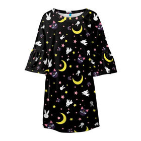 Детское платье 3D с принтом Sailor Moon Pattern в Курске, 100% полиэстер | прямой силуэт, чуть расширенный к низу. Круглая горловина, на рукавах — воланы | аниме | детский | зайчик | зая | звезды | кролик | луна в матроске | матросска | месяц | милота | милый | небо | паттерн | сейлор мун | черный
