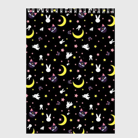 Скетчбук с принтом Sailor Moon Pattern в Курске, 100% бумага
 | 48 листов, плотность листов — 100 г/м2, плотность картонной обложки — 250 г/м2. Листы скреплены сверху удобной пружинной спиралью | аниме | детский | зайчик | зая | звезды | кролик | луна в матроске | матросска | месяц | милота | милый | небо | паттерн | сейлор мун | черный